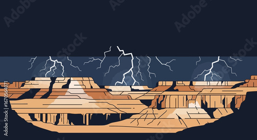 Striking Desert Landscape Illustration With Dramatic Lightning Display Background