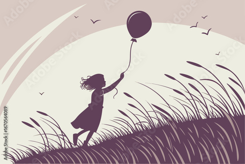 Child silhouette releasing balloon into a grassy field under a soft sky