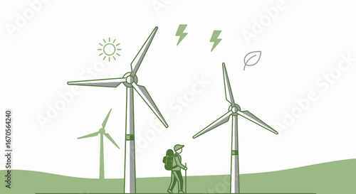 Sustainable future showcasing wind turbines and hiker promoting clean energy transition