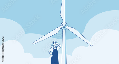 Sustainable Future Farmer Inspecting a Wind Turbine For Green Energy Production