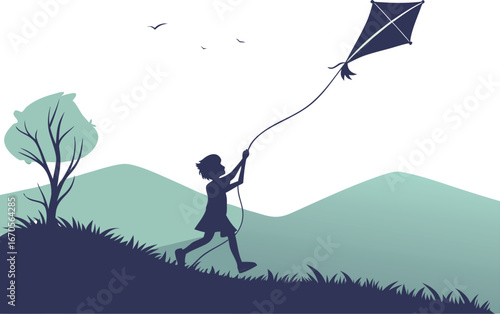 Joyful child flying a majestic diamond kite on a hillside under a clear sky