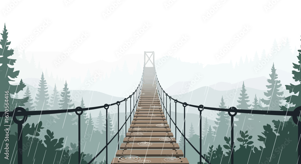 Obraz premium Suspension Bridge Among Forest On Rainy Day For Adventure Seeking Traveler