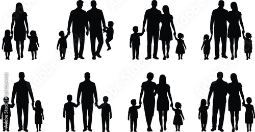 Diverse family silhouettes with children on white background