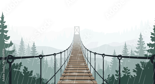 Suspension Bridge Among Forest On Rainy Day For Adventure Seeking Traveler