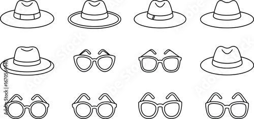 Collection of hand drawn fedora hats and sunglasses icons