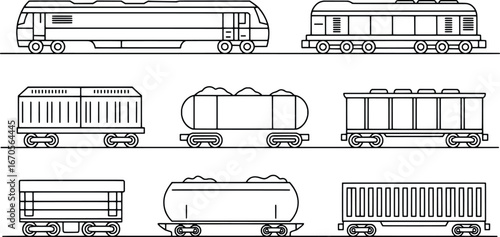 Collection of train and railway carriages line art illustrations