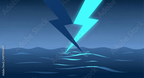 Strikingly Bright And Electric Storm Over Dark Ocean At The Night