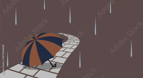 Striped Umbrella On Paved Path During Rain Calm Weather Illustration