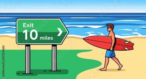 Surfing Ahead Destination Beach Fun Next to Highway Green Exit Sign