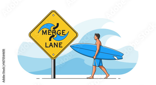 Surfing Adventures With Merge Lane Sign For Summer Holiday Destination Concept