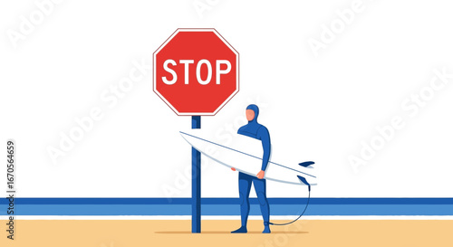 Surfer With Board Halting at Stop Sign On Coastal Area Illustration