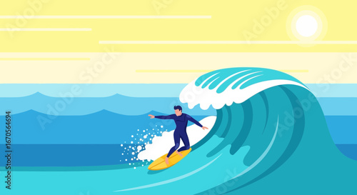 Surfer Riding A Wave With Sunlight In Summer Minimalist Illustration