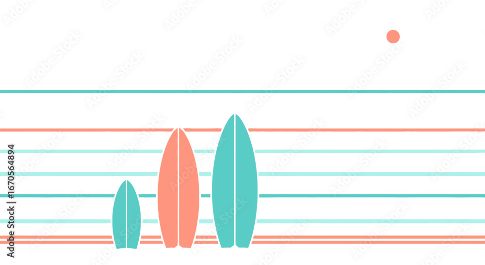 Naklejka premium Surfboards Collection On The Beach In Minimalist Style Under A Gentle Sun