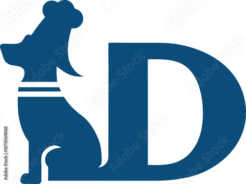Seated dog wearing toque merges seamlessly with a bold letter D in blue