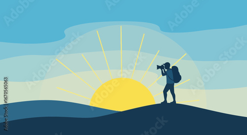 Sunrise Landscape Silhouette Of Photographer Capturing Dawn on High Mountains