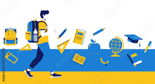 Student With Backpack Surrounded By School Supplies Represents Education And Learning