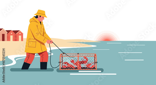 Sunrise Catch Fisherman Hauling Lobster Trap on Coastal Shoreline Scene