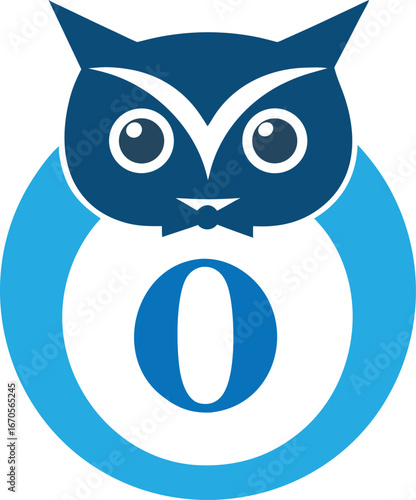 Stylized navy owl with large eyes surmounts a light blue zero shape against white