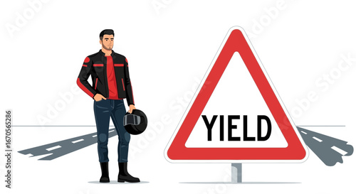 Stylish Biker Near A Yield Road Sign Poses An Important Safety Message