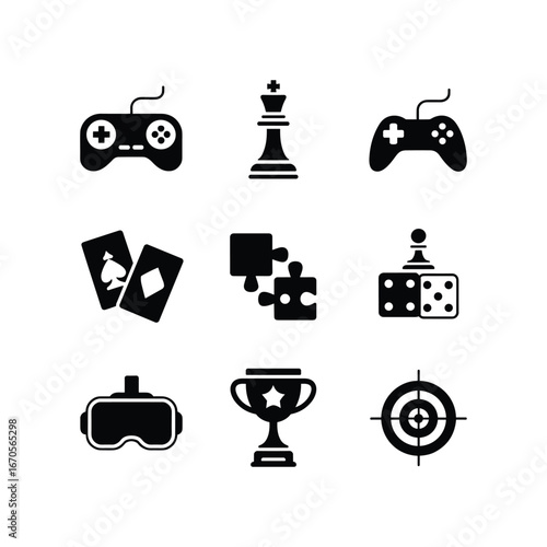 Collection of gaming and strategy icons including controllers chess pieces dice and vr headset