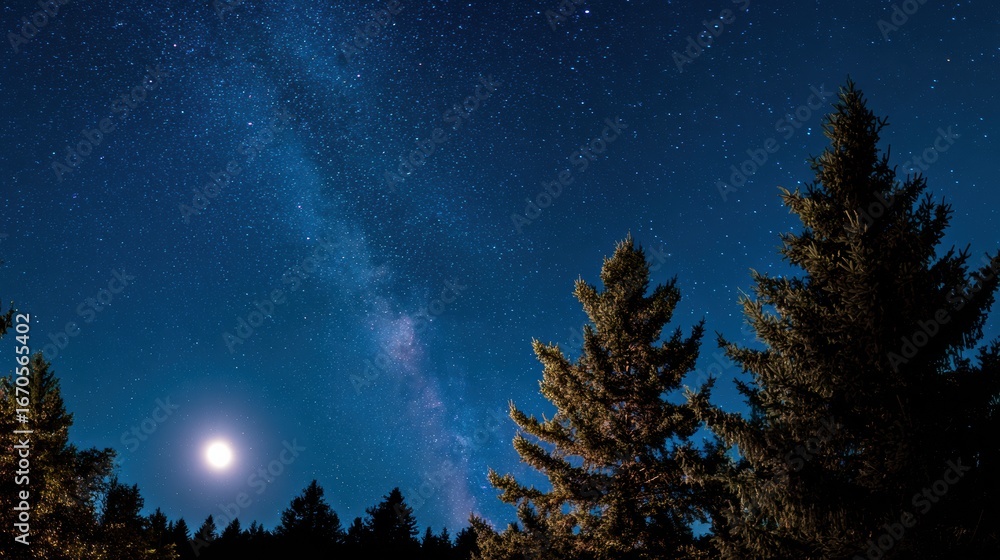 Naklejka premium A serene night sky filled with stars and the Milky Way, framed by silhouettes of evergreen trees, highlighting the beauty of nature.