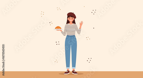 Stylish French Woman Holding A Freshly Baked Pastry For Breakfast