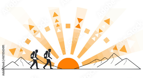 Sunrise Adventure People Trekking Through Majestic Mountain Ranges in Minimalist Style