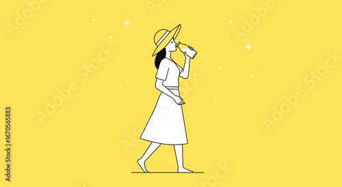 Stylish Woman Enjoying Refreshment While Strolling Under a Summer Starry Sky