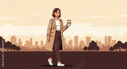Stylish Woman Taking a Coffee Break Strolling Through the City Park