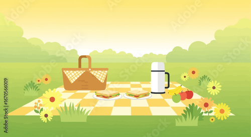 Sunny Day Picnic Scene With Delicious Food And Refreshing Landscape Background
