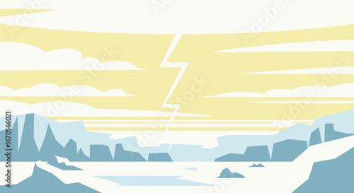 Stylized Arctic Landscape With Striking Lightning And Cloudy Sky Scene