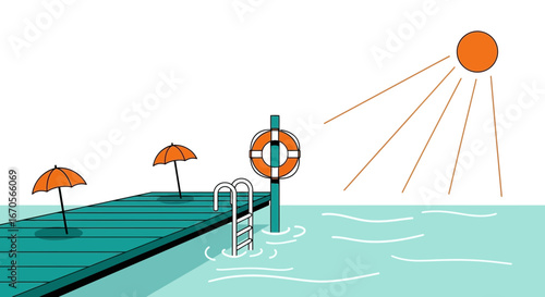Sunny Day At The Swimming Pool With Umbrellas And Safety Equipment