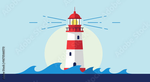 Stylized Beacon Guiding Vessels Through Rough Seas In Graphic Flat Design