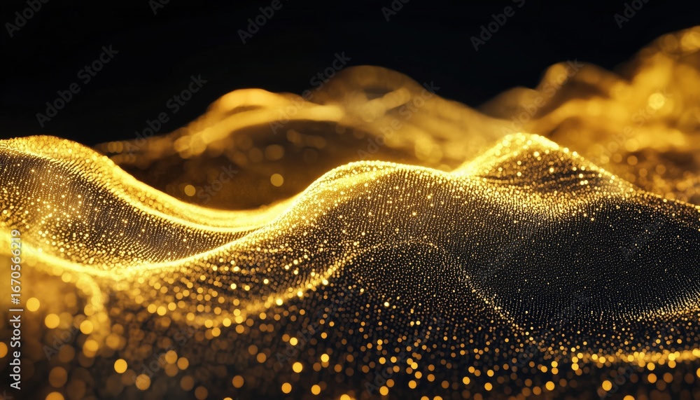 Fototapeta premium Futuristic Gold Digital Wave: Abstract Technology Rendering Of Swirling Particles In Flowing Pattern Of Digital Particles Wave.