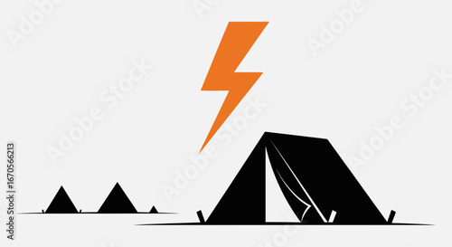 Stylized camping scene with tent and lightning strike graphic illustration