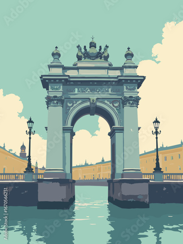 St. Petersburg, Russia – Neoclassical arch with Hermitage frieze and river lanterns, cobbled quay base; palette: palace green, imperial gold, river steel, alabaster