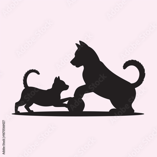 Playful cat and dog enjoying a ball on a sunny playground depicted in a clean silhouette style