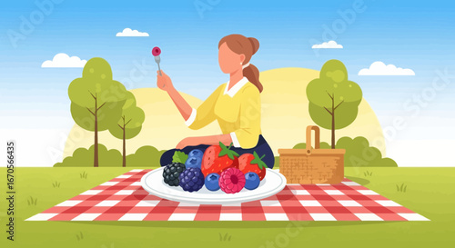Summer Picnic In The Park With Woman Enjoying Fresh Berries Outdoors