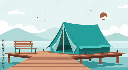Summer Getaway Scene With Tent On Dock For Travel And Adventure Concept