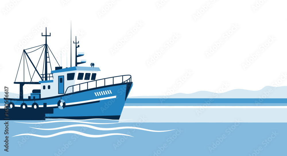 Naklejka premium Stylized Fishing Vessel At The Harbor With Minimalist Wave Vector Illustration