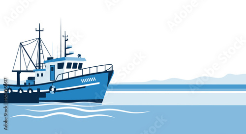 Stylized Fishing Vessel At The Harbor With Minimalist Wave Vector Illustration