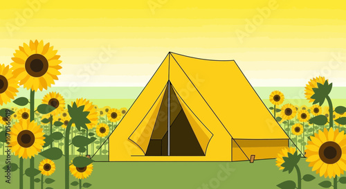 Summer Camping Under Sunflowers Vector Illustration Ideal For Outdoor Adventure
