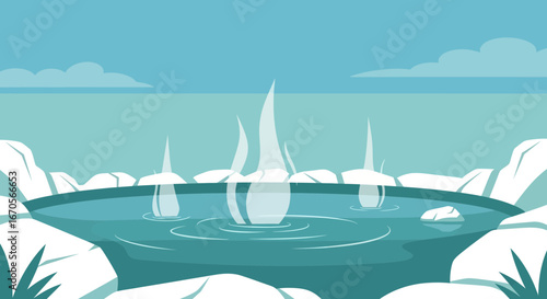 Stylized Geothermal Spring Landscape Featuring Water Fountains In Turquoise Hues