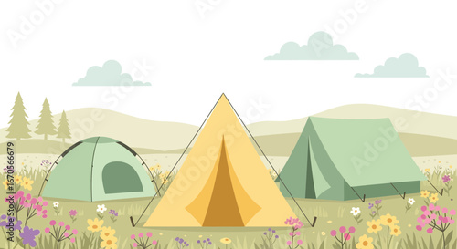 Summer Camping In Nature With Different Tents And Wildflowers Vector