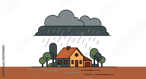 Stylized House Under Rain Cloud Vector Illustration With Minimalist Design