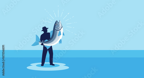 Successful Angler Displays His Prize Catch Against A Blue Gradient Horizon