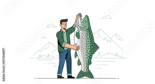 Successful Angler Displays His Impressive Catch In Front Of Mountain Range