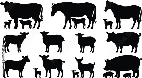Farm animal silhouettes with young offspring collection
