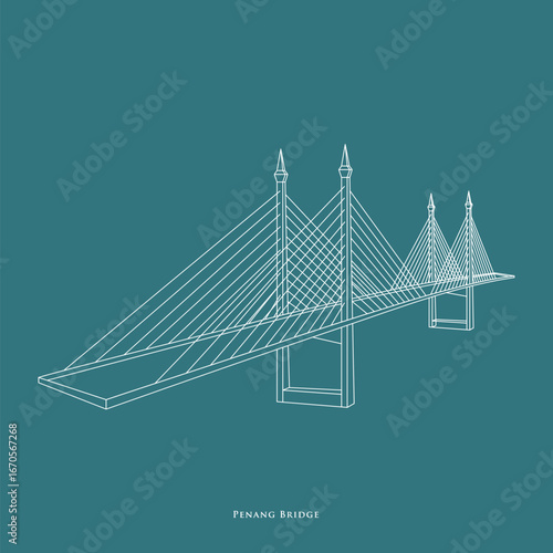 Line art vector of Penang Bridge, an iconic bridge connects Penang Island to Penang Mainland