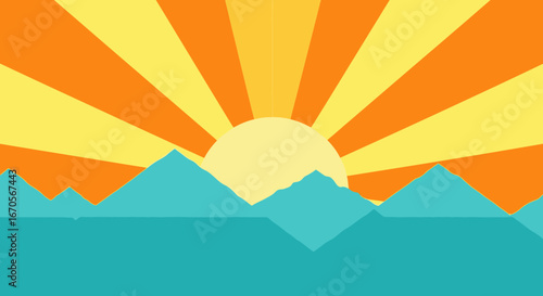 Stylized Mountain Landscape At Sunrise With Warm Radiant Rays